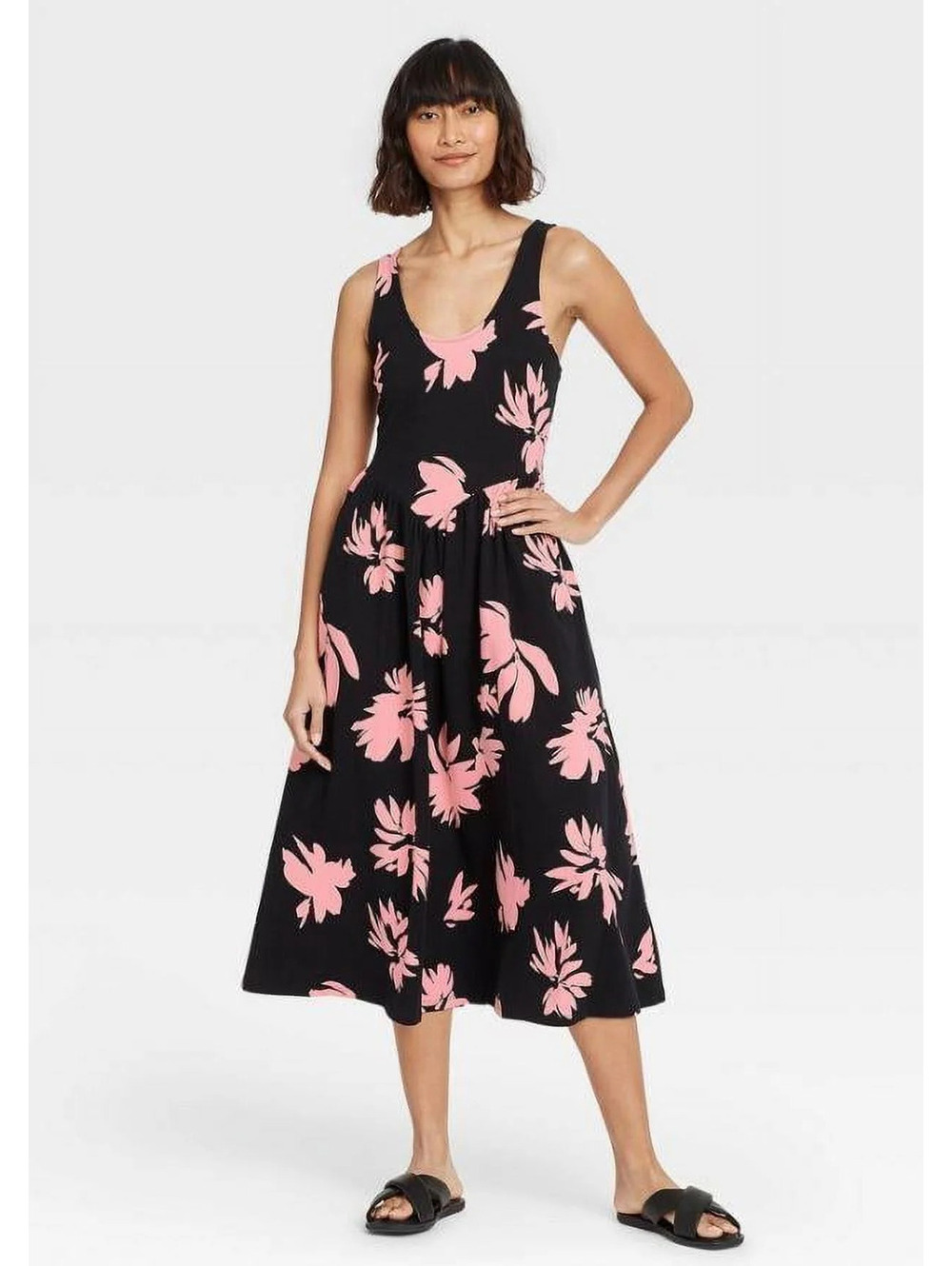 Who What Wear Black & Pink Floral Sleeveless Midi Dress - Size Large - NWT